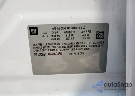 2016 Chevrolet Sonic Lt z USA, uszkodzony, nr VIN 1G1JC6SHXG4169486